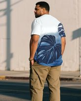 Men's Plus Size White & Blue Gradient Large Leaf Loose Round Neck Short Sleeve T-Shirt